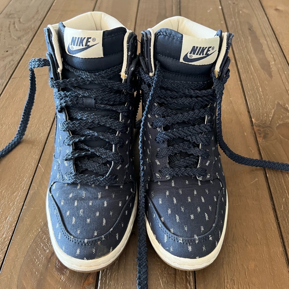 Nike Dunk Sky High Essential Denim Obsidian Print Womens Wedge Sneakers size 6.5